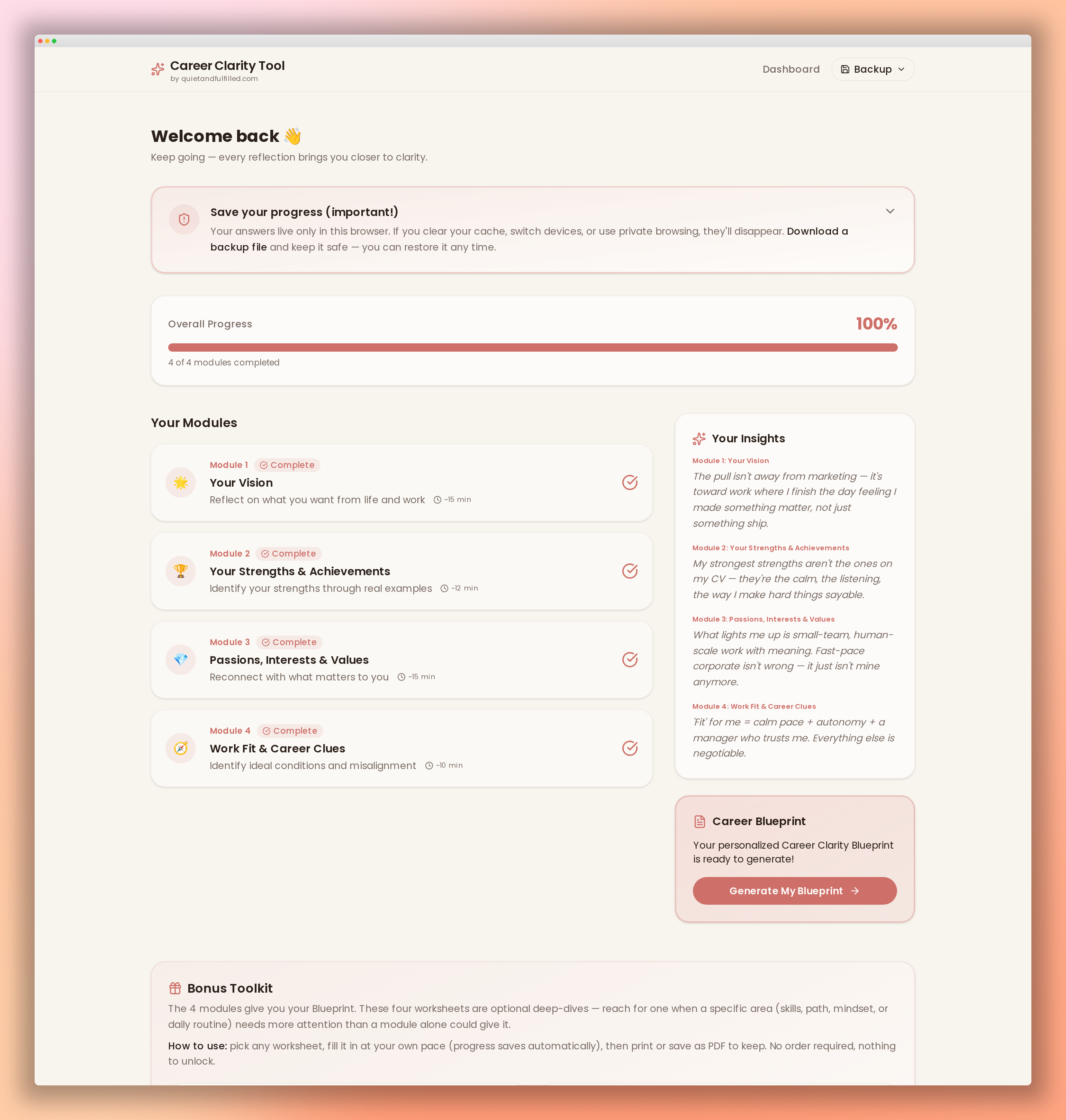 Career Clarity Tool dashboard